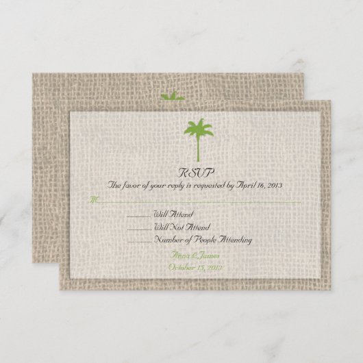 Palm Tree & Burlap Beach Wedding UAWG3 RSVP Karte (Vorne/Hinten)