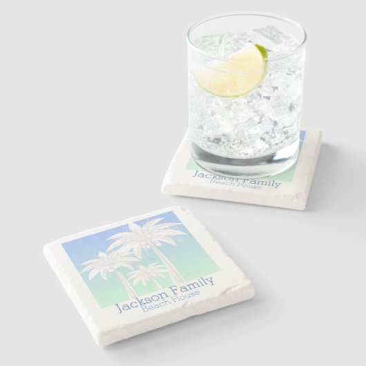 Palm Tree Coastal Blue Green Sky Ombre Name Steinuntersetzer (Seitenansicht)