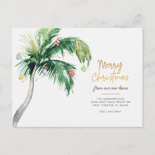 Palm Tree Coastal Weihnachtsfeiertage Moving Ankündigungspostkarte (Vorderseite)