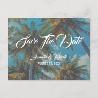Palm Tree Destination Beach Hochzeit Save the Date Ankündigungspostkarte