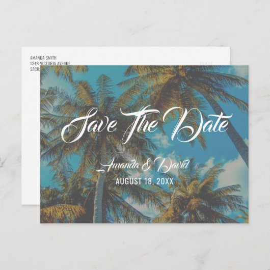 Palm Tree Destination Beach Hochzeit Save the Date Ankündigungspostkarte (Vorne/Hinten)
