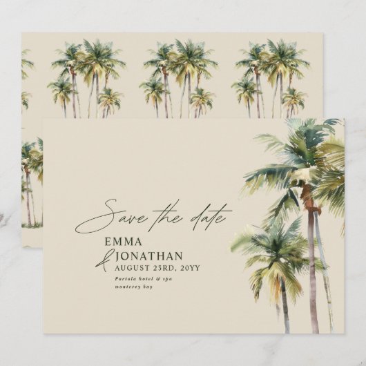 Palm Tree Destination Elegant Coastal Wedding Save The Date (Vorne/Hinten)