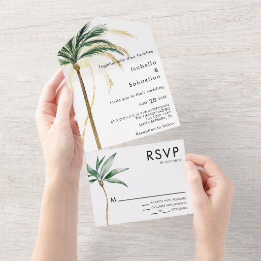 Palm Tree Destination Moderne Hochzeit All In One Einladung (Abreißen)