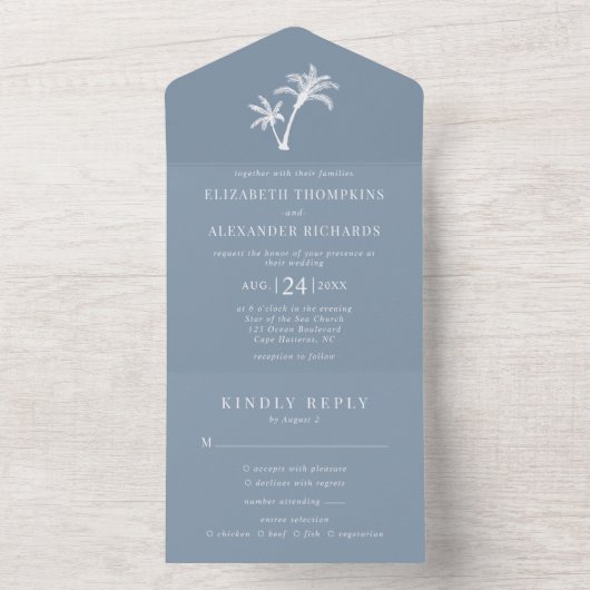 Palm Tree Dusty Blue Tropical Beach Hochzeit All In One Einladung (Innen Boden)