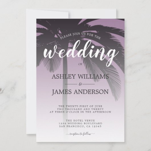Palm Tree Dusty Lavender Beach Wedding Einladung (Vorderseite)