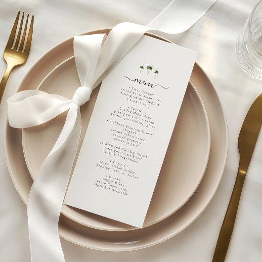 Palm Tree Elegant Script Modern Tropical Wedding Menükarte