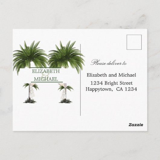 Palm Tree Elegante Moderne schicke jüdische Hochze Postkarte (Rückseite)