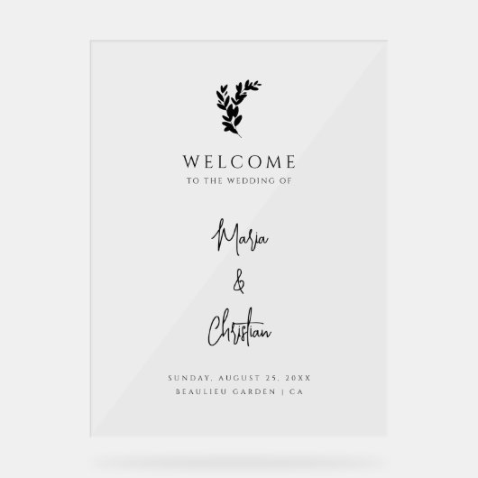 Palm Tree Elegante Script Wedding Willkommen Acrylschild (Vorderseite)