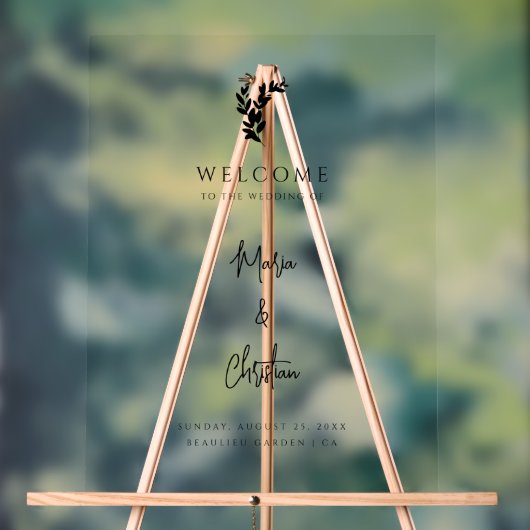 Palm Tree Elegante Script Wedding Willkommen Acrylschild (Neutral)