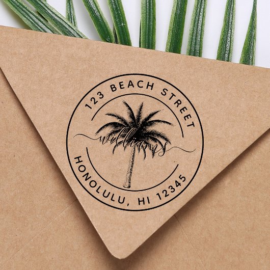 Palm Tree Familienname Runde Rücksendeadresse Gummistempel