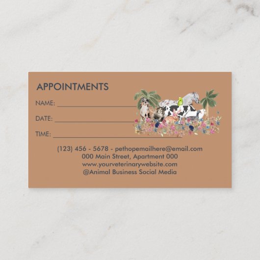 Palm Tree Farm Animal Cat Dog Bird Pet Ernennung Visitenkarte (Rückseite)