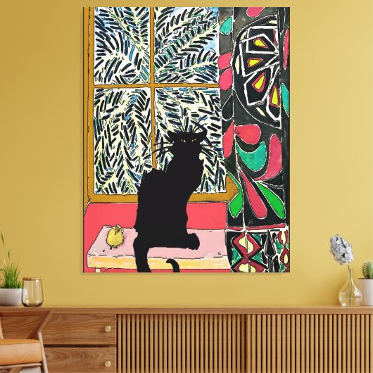 Palm Tree Fenster mit schwarzer Katze Leinwanddruck (Insitu (Wohnzimmer))