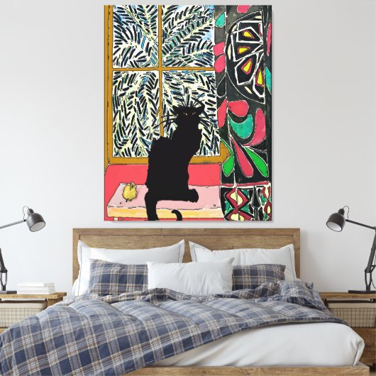 Palm Tree Fenster mit schwarzer Katze Leinwanddruck (Insitu (Schlafzimmer))