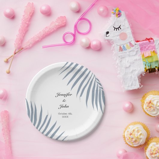 Palm Tree Foliage Dusty Blue Blätter Coole Hochzei Pappteller (Party)