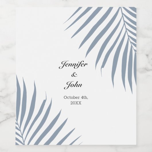 Palm Tree Foliage Dusty Blue Blätter Coole Hochzei Weinetikett (Einzelnes Label)