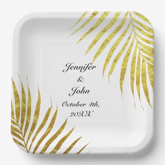 Palm Tree Foliage Gold Foil Blätter Coole Hochzeit Pappteller (Vorderseite)