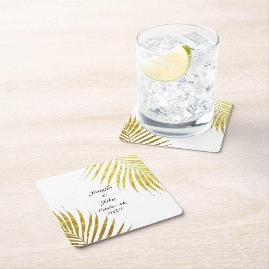 Palm Tree Foliage Gold Foil Blätter Coole Hochzeit Rechteckiger Pappuntersetzer (Vor Ort)
