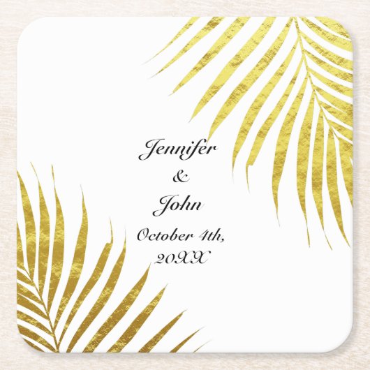 Palm Tree Foliage Gold Foil Blätter Coole Hochzeit Rechteckiger Pappuntersetzer (Vorderseite)