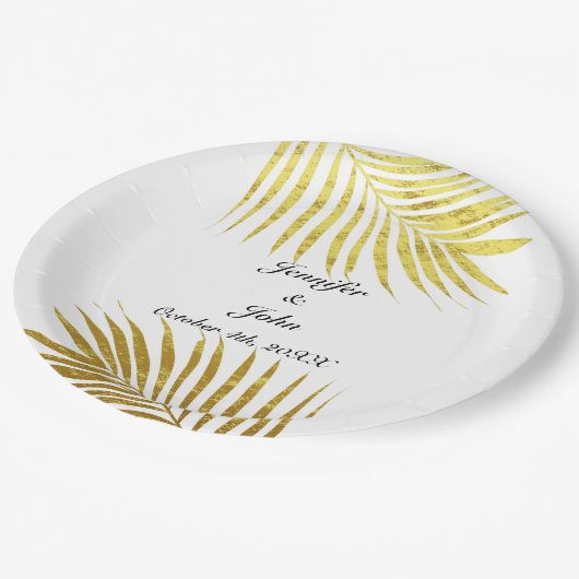 Palm Tree Foliage Gold Foil Blätter Hochzeiten Wei Pappteller (Schrägansicht)