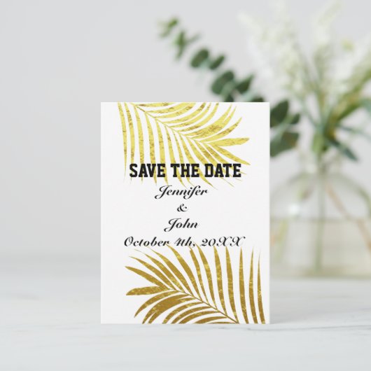 Palm Tree Foliage Gold Foil Blätter Save the Date Postkarte (Stehend Vorderseite)