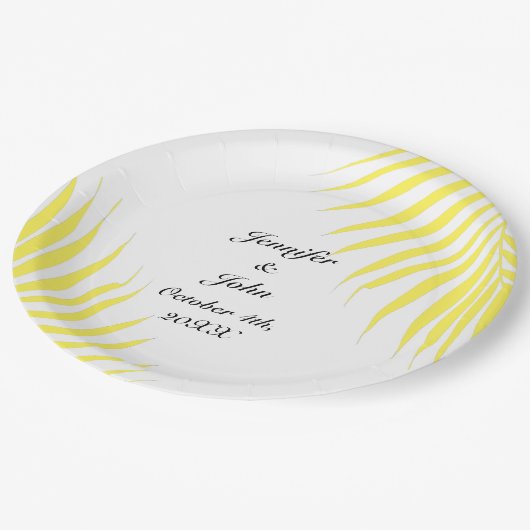 Palm Tree Foliage Lemon Gelbe Blätter Hochzeiten Pappteller (Schrägansicht)