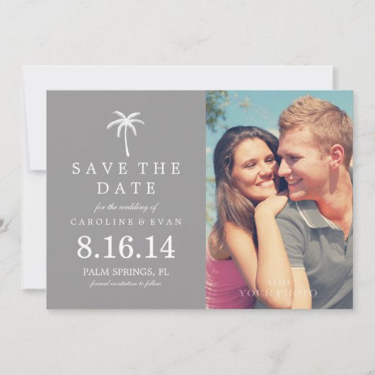Palm Tree Foto Hochzeit Save the Date (grau) (Vorderseite)