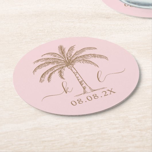 Palm Tree für kundenspezifische Monogramm-Hochzeit Runder Pappuntersetzer (Angewinkelt)