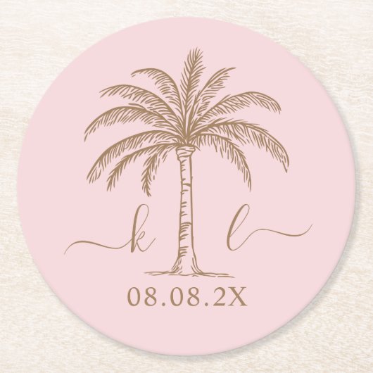 Palm Tree für kundenspezifische Monogramm-Hochzeit Runder Pappuntersetzer (Vorderseite)