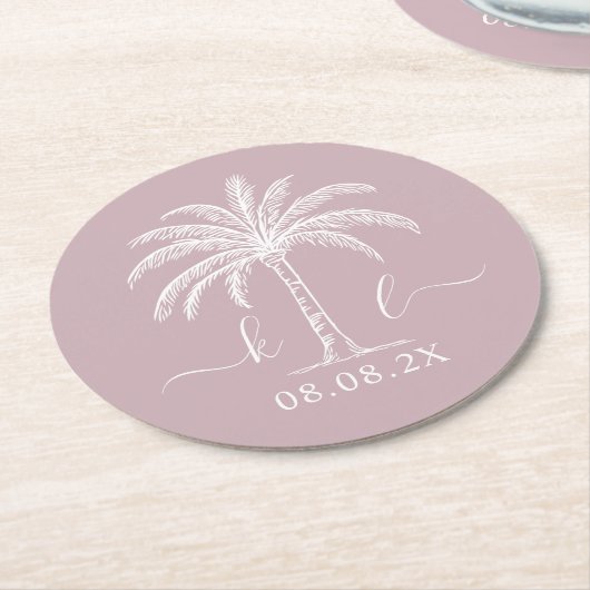 Palm Tree für kundenspezifische Monogramm-Hochzeit Runder Pappuntersetzer (Angewinkelt)