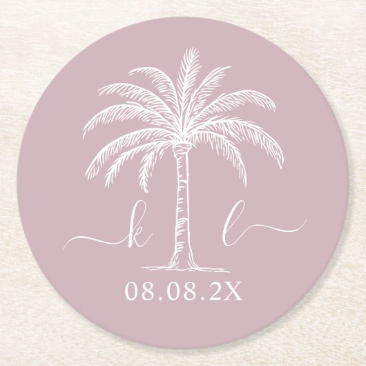 Palm Tree für kundenspezifische Monogramm-Hochzeit Runder Pappuntersetzer (Vorderseite)