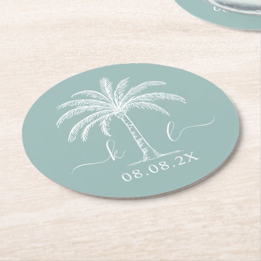 Palm Tree für kundenspezifische Monogramm-Hochzeit Runder Pappuntersetzer (Angewinkelt)