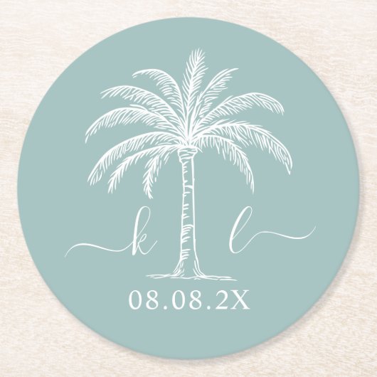 Palm Tree für kundenspezifische Monogramm-Hochzeit Runder Pappuntersetzer (Vorderseite)