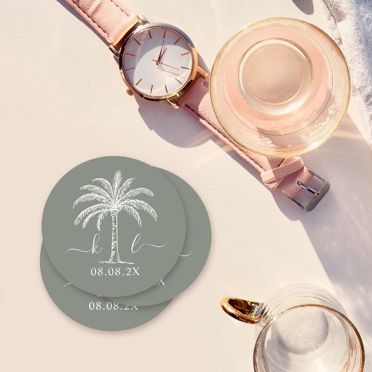 Palm Tree für kundenspezifische Monogramm-Hochzeit Runder Pappuntersetzer