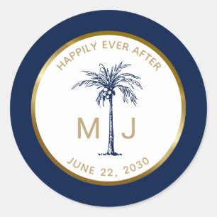 Palm Tree Gold Monogram Tropical Beach Hochzeit Runder Aufkleber