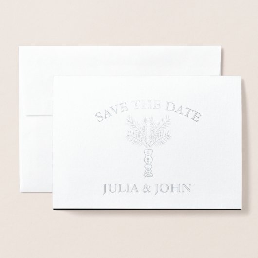 Palm Tree Hand Gezeichnet Briefe Save the Date Folienkarte (Vorderseite mit Umschlag)