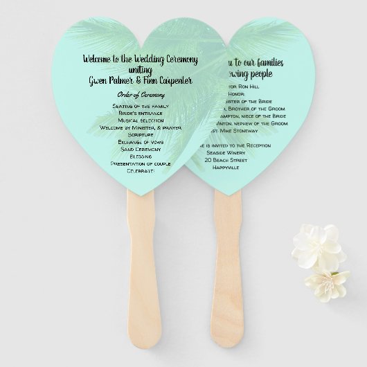 Palm Tree Heart Shaped Wedding Fan Programm Fächer (Vorne und Hinten)