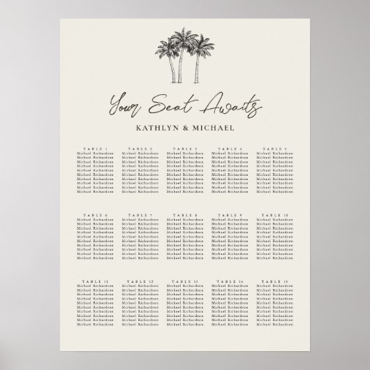Palm Tree Hochzeit in Urlaubsort 15 Sitzkarten Poster (Vorne)