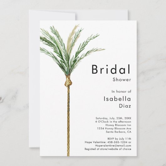 Palm Tree Hochzeit in Urlaubsort Brautparty Einladung (Vorderseite)