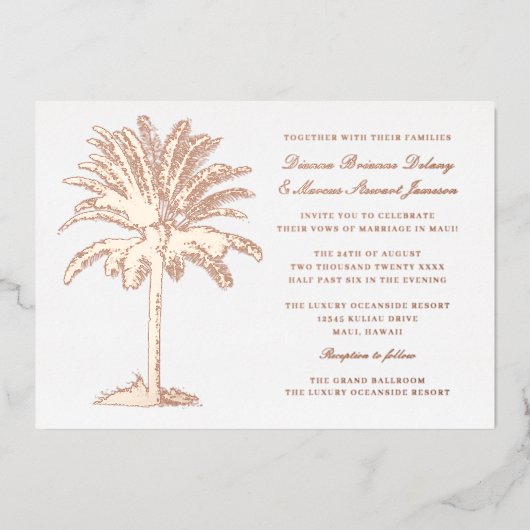 Palm Tree Island Hochzeit in Urlaubsort Rose Gold Folieneinladung (Vorderseite)