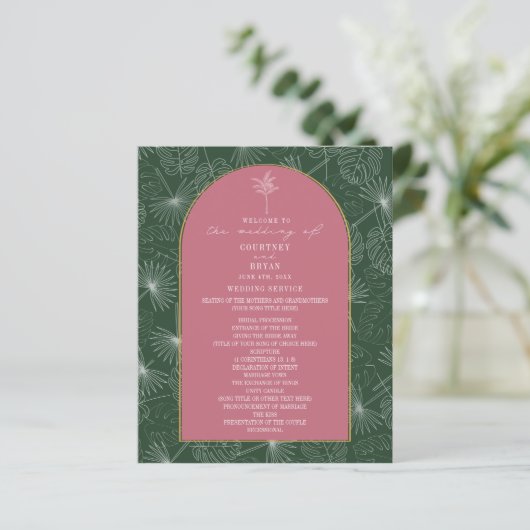 Palm Tree Leaf Pink & Green Wedding Programm (Stehend Vorderseite)