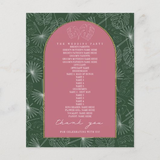 Palm Tree Leaf Pink & Green Wedding Programm (Rückseite)