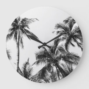 Palm Tree Leaf Schwarz-weiß Große Wanduhr
