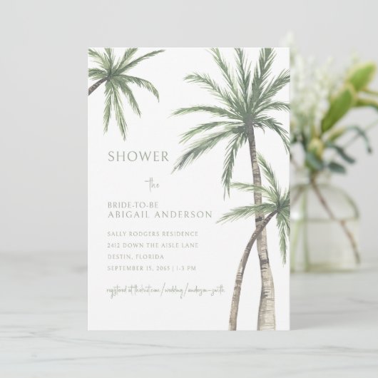 Palm Tree Light Sage Green Brautparty Einladung (Stehend Vorderseite)
