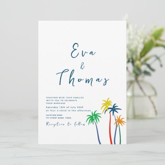 Palm Tree Minimal Beach Wedding Einladung (Stehend Vorderseite)