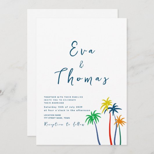 Palm Tree Minimal Beach Wedding Einladung (Vorne/Hinten)