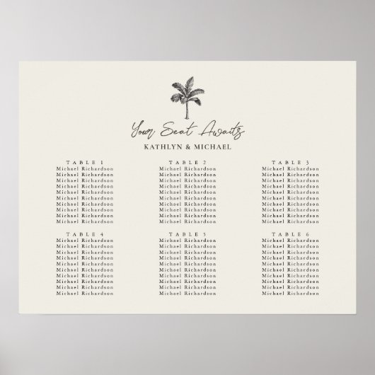 Palm Tree Minimalistisch Wedding 6 Table Seating Poster (Vorne)