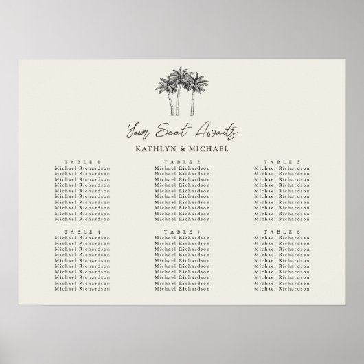 Palm Tree Minimalistisch Wedding 6 Table Seating Poster (Vorne)