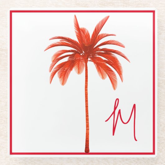 Palm Tree Modern Red Frame Tropical Monogram Glasuntersetzer (Vorderseite)