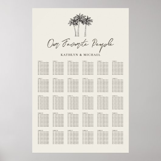 Palm Tree Modern Wedding 30 Table Seating Chart Poster (Vorne)