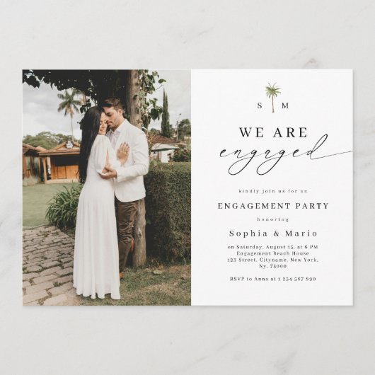 Palm Tree Monogram Beach Engagement Party Einladung (Vorderseite)